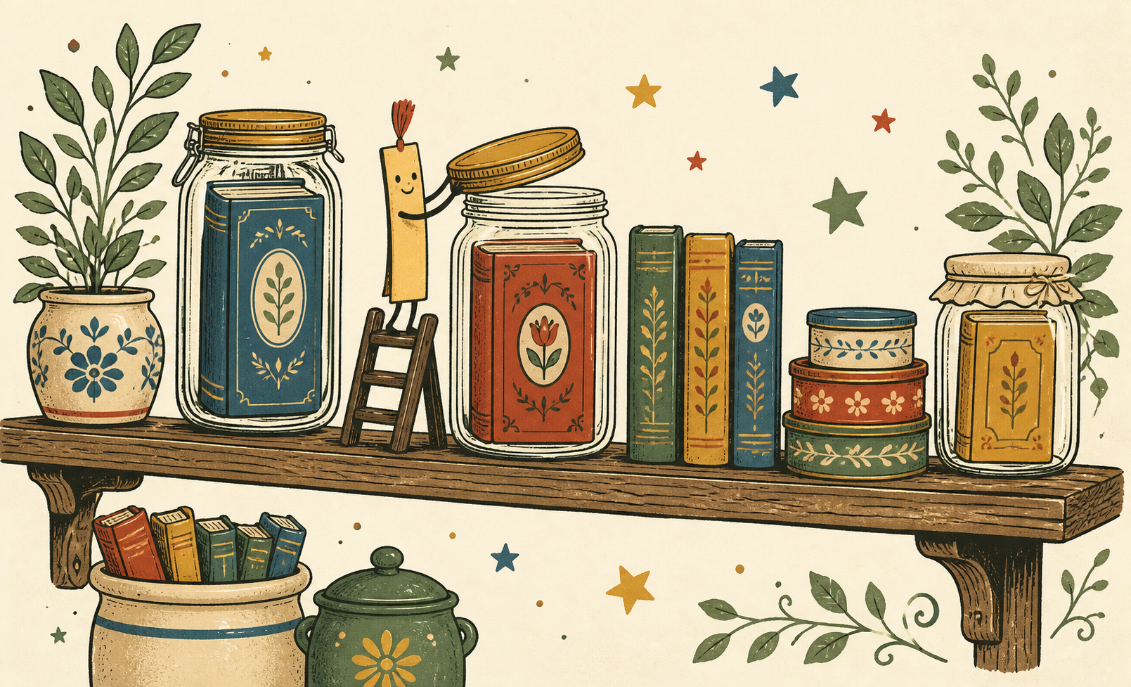 Cartoon books preserved in glass jars on a cozy pantry shelf